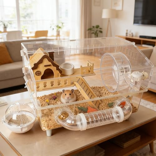 Large Acrylic Hamster Cage, 8 in 1 Gerbil Cages 2-Layer, 45 x 28 x 34cm