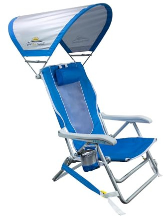 GCI Outdoor Sunshade Backpack Beach Chair | Reclining Folding Canopy Chair with Durable Armrests, Drink Holder & Carry Straps, Perfect for Beach Trips & Picnics — Saybrook Blue