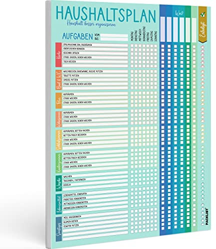 PACKLIST® Haushaltsplan Putzplan für Familien mit Kindern oder WG mit Aufgaben - Haushaltsplaner A4 - Putzplan für den Haushalt, Putzkalender