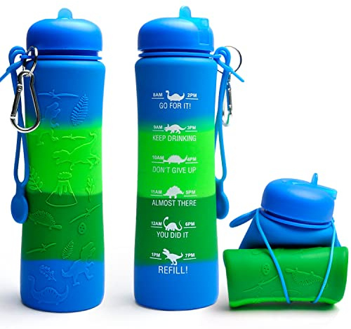 Motivational Kids Water Bottle With Time Markings - Dinosaur Engraved 0.6 Litre Foldable Silicone Design for Children, Girls and Boys - School and Teenage Use