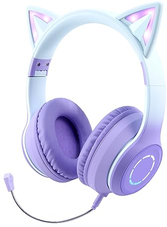 Sendowtek Casque sans Fil pour Enfant avec Microphone Intégré Fonction d'Appel Pliable LED RGB Écouteurs Casque Bluetooth à Oreilles de Chat pour Fille Garçon Adulte Voyage Vacances (Violet)
