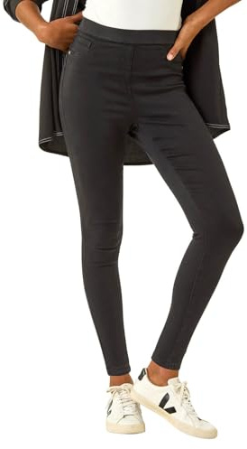 Roman Originals Jeggings for Women UK Jean Ladies Stretchy Trousers Denim Leggings High Waist Rise Pull On Skinny Straight Leg Cotton Pants Smart Casual - Premium Jet Black - Size 14