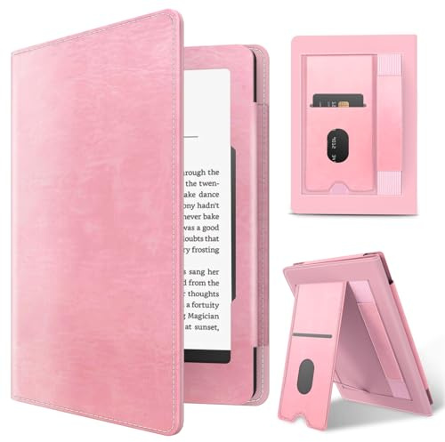 MMK Custodia Kindle Paperwhite 7/6,8 Pollici(12th/11th Generazione 2024/2021), Premium in Pelle PU Protettiva Verticale Supporto Cover, con Slot per Schede e Cinturino, Rosa
