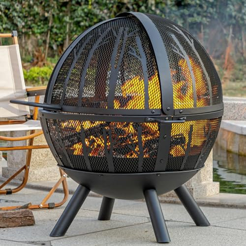Panovue 35 Inch Wood Burning Fire Pit with BBQ Grill, Heavy Duty Fire Pits Ball for Outside with Spark Screen & Removable Ash Pan, Outdoor firepit & Fireplace for Garden, Yard, Camping…
