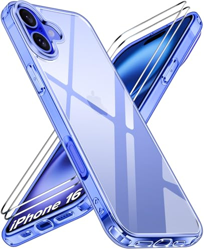 iVoler Anti Ingiallimento Chiaro Cover per iPhone 16 con 2 Pezzi Pellicola Vetro Temperato e Cornice di Installazione, [Antiurto di Grado Militare] Custodia Trasparente Sottile Case-Blu