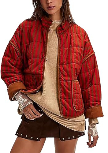 Blouson Reversible Femme InterNos Womens Quilted Jacket Lightweight Winter Striped Stand Collar Padded Puffer Cardigan Coat with Pockets Veste Polaire Chaude Femme (Hot Pink, L)