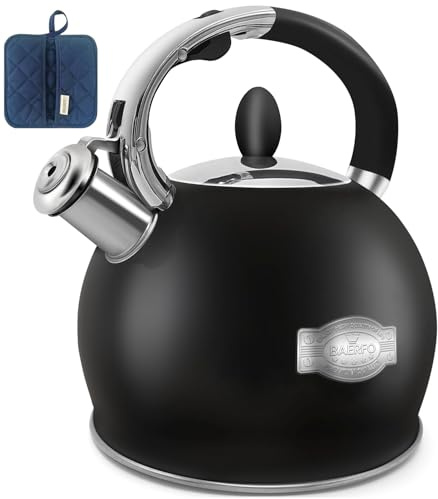 BAERFO Stove Top Kettle,Whistling Tea Kettle,Premium 18/8 Food-Grade Ceramic-Coated Stainless Steel Teakettle,Vintage-Style Teapot,Includes a Hot Pad,2.64 Quart (Black)
