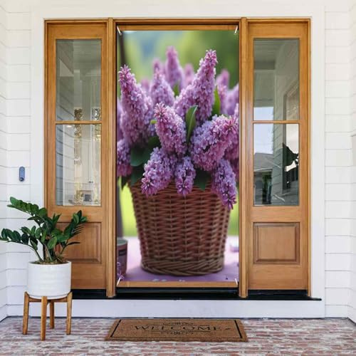Decoraciones para puertas – Ramo clásico con estampado lila n.º 153 de primavera y verano para puerta delantera, cartel de otoño e invierno, telón de fondo colgante para exteriores, interiores