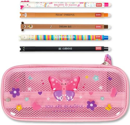 LEGAMI WonderWow Federmäppchen & radierbarer Stift | Set mit 5 niedlichen Tierstiften mit thermosensitiver Tinte + Federmäppchen mit 2 Fächern (Schmetterling)
