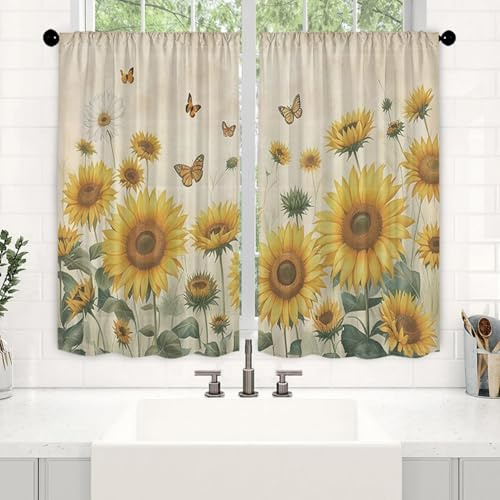Odot Tenda Corta per Finestra Cucina, Tende da Bistrot Cucina Moderne con Tasca per Asta 2 Pezzi Motivo Farfalla 3D Mantovane Corte per Interni Finestre Piccole (Girasole,W 65 H 90cm)