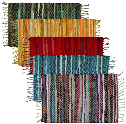 MARRAKESCH 5er Set Teppich Läufer handgewebt Cotton Rug klein 50x90 cm | Boho Streifen Teppiche aus Baumwolle mit Fransen | Bunte Fußmatte Vorleger | Wohnzimmer, Küche, Flur