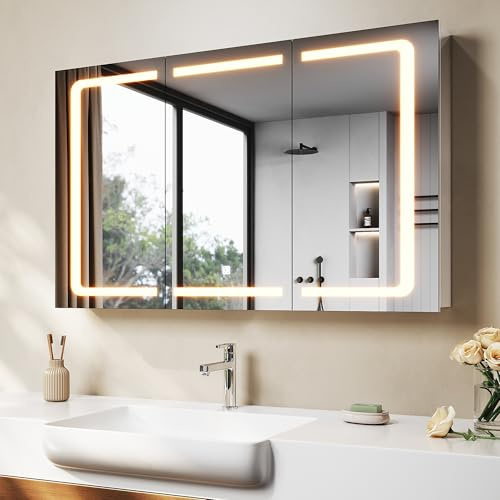 SONNI LED spegelskåp badrum 105 x 65 cm 3 dörrar rostfritt stål med uttag | Trådlös design tack vare strömledande gångjärn, 3 ljusfärger, dimbar, med minne, glänsande, perfekt för badrumsrenovering