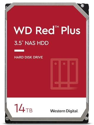 WD Red Plus interne Festplatte NAS 14 TB (3,5'', Datenübertragung bis 210 MB/s, Workload 180 TB/Jahr, 7.200 U/min, 512 MB Cache, 8 Bays) Rot
