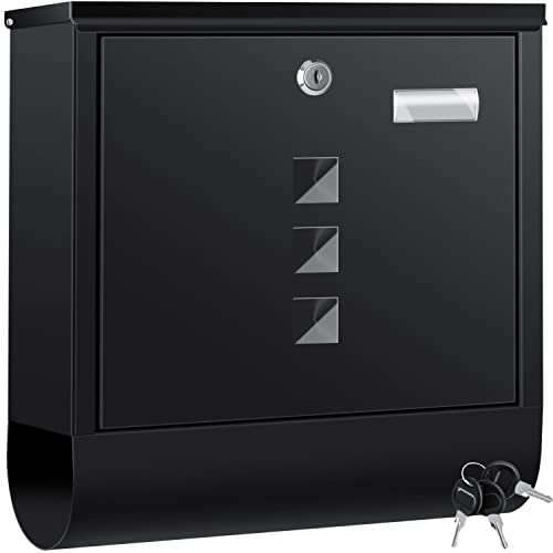 KESSER® Boîte aux lettres en acier inoxydable avec compartiment pour les journaux et porte-nom, fenêtre transparente, brossée, 3x clés verrouillable, laquée, montage mural, grande, noir