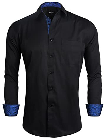 Alizeal Mens Business Slim Fit Dress Shirt Long Sleeve Patchwork Button Closure Shirt, Black+Royal Blue-L