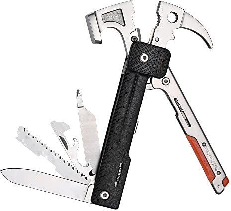 ROXON 16 in One Tools Hammer Multitool mit Feuerstein, auswechselbarem Messer, Bestes Campingzubehör mit Zange, Messer, Flaschenöffner, Säge, Lineal für Männer