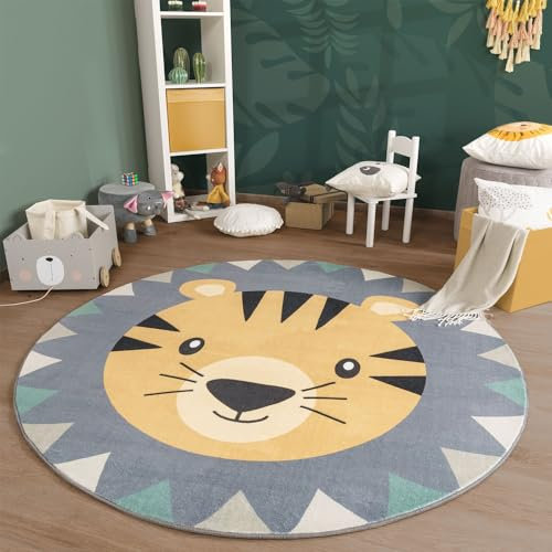 TT Home Waschbarer Kinderteppich Teppich Kinderzimmer Rund Spielteppich Löwe Bär Muster, Farbe:Grau Schwarz Braun, Größe:120 cm Rund