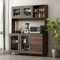 Caldion Freistehender Küchenschrank mit Glastüren,Buffetschrank mit Hutch und Haken,Vitrinenschrank mit Einlegeböden und Schubladen,Küchenbuffet,Sideboard,Braun + Schwarz,160x40x190cm