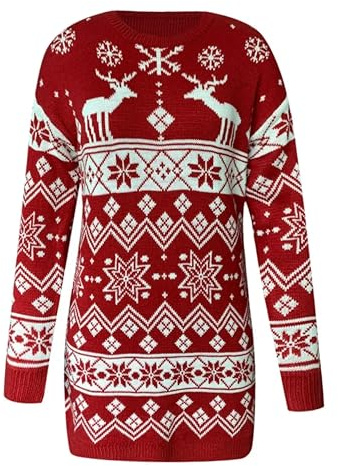eBoutik - Ladies Christmas Oversized Wool Jumper Dress - Red Festive Long Sleeve Winter Knitted Pullover - Wear @ Xmas Markets, Parties or Everyday Fashonalble Wear (Size 12)