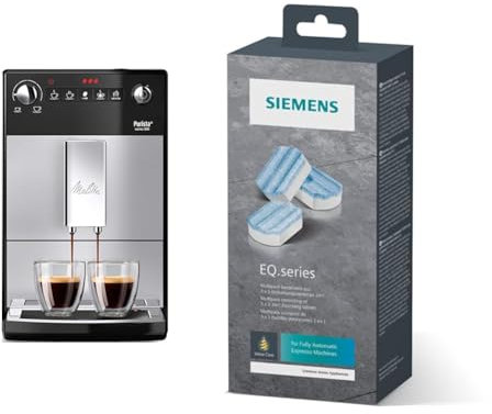 Melitta Purista - Kaffeevollautomat - flüsterleises Mahlwerk - Direktwahltaste - 2-Tassen Funktion - 3-stufig einstellbare Kaffeestärke - Silber/Schwarz (F230-101) & Siemens Multipack TZ80032A