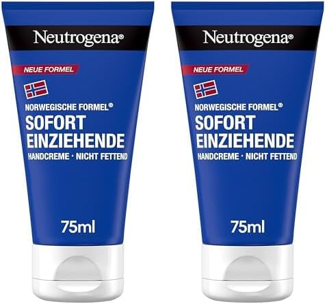 Neutrogena Sofort einziehende Handcreme (75ml), leichte & nicht fettende Feuchtigkeitscreme mit Glycerin + Vitamin E bei trockenen, rissigen Händen (Packung mit 2)