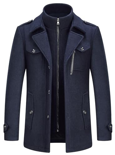 KUDORO - Cappotto da uomo in lana caldo per l'inverno, trench coat classico, parka, pardessus, caban, slim fit, business, duffle-coats, antivento, bavero, overcoat, blu marino, S