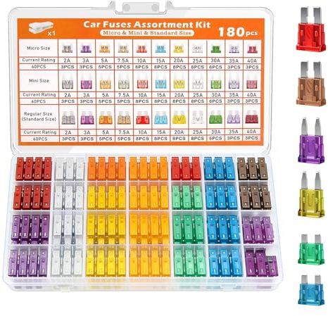 Car Fuses Assorted Kit 180 Pcs Car Fuse Kit with Storage Case and Fuse Clip Mixed Pack Blade Fuses for Cars Motorhomes Trucks