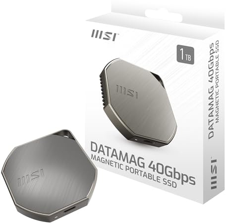 MSI DATAMAG 40 Gbps 1 TB – SSD Externo Portátil Magnético, USB Tipo C, Velocidad 4000 MB/s Lectura y 3500 MB/s Escritura, Compatible con PC, Mac, iPhone, Android y Consolas, 5 Años de Garantía