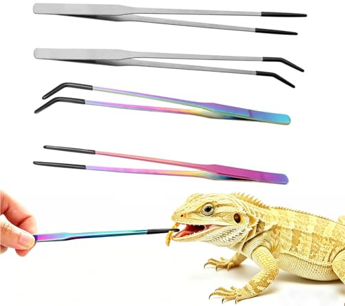 Reptile Feeding Tongs, 4 Piece Stainless Steel Snake Feeding Tongs Set with Rubber Tips, 27cm Straight and Curved Aquarium Tweezers Extra Long for Snake and Lizard Feeding, Terrarium Maintenance