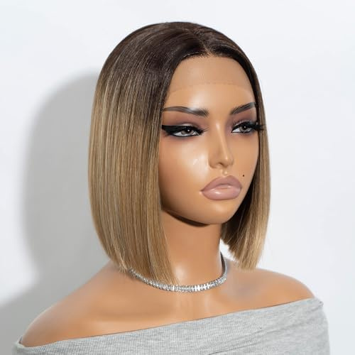 NOBLE Bob Wigs for Women Short T Part HD Lace Front Wigs Ombre Brown Blonde Synthetic Blunt Cut Bob Lace Front Wigs for Party and Daily Use 10 Inch