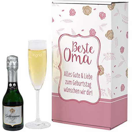 Herz & Heim® Geschenkset für die Beste Oma mit graviertem Sektglas, einem Piccolo Sekt in Geschenkverpackung