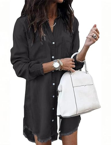 Zilcremo Women Denim Shirt Dresses Long Sleeve Distressed Jean Dress Button Down Casual Tunic Top Black M