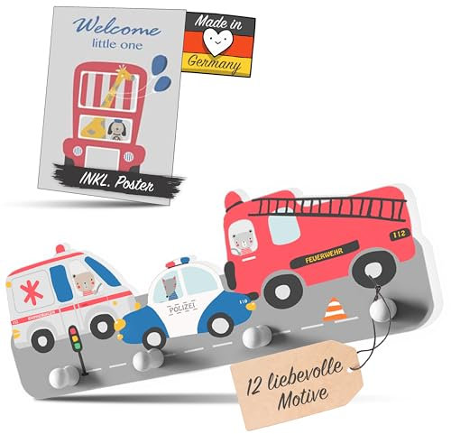 Kindsblick ® Rettungsautos Kindergarderobe in Bunt inkl. niedlichem A4 Poster - Garderobe Kinder Edition mit 4 Haken - Wunderschöne Kinder Garderoben Deko - Kinder Garderobe Maße (38 x 15 x 1 cm)