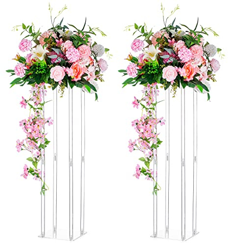 Nuptio Wedding Centerpieces Acrylic Vases - 2 Pcs 31.5 inch Tall Flower Vase Flowers Stand for Party Tables Decorations - Elegant Bulk Weddings Decoration Table Geometric Centerpiece Stands