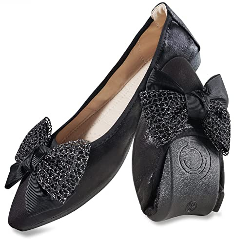 MACHSWON Ballerine da donna scintillanti, comode, casual, a punta, con fiocco, senza lacci, per matrimoni, ballerine eleganti, Nero 02, 42 EU