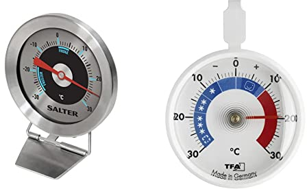 Salter Kühlschrank-Thermometer Analog - mit Temperaturbereich -30 bis 30°C - rund aus Edelstahl Gehäuse & Bimetall Sensor für exakte Ergebnisse & TFA Dostmann Analoges Kühlthermometer, 72x2 x95 mm