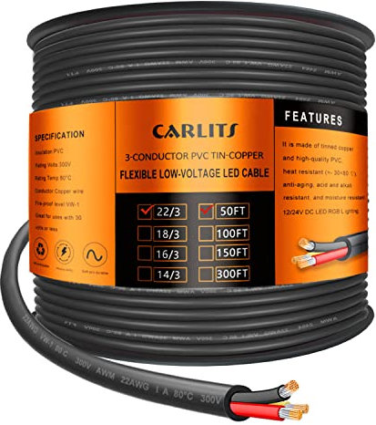 CARLITS 22 Gauge 3 Adriges Elektrokabel, 15.24M 3x0,32mm² Schwarzes, Verseiltes Niederspannungs 22/3 Kabel aus PVC, Flexibles Verlängerungskabel für LED Lampe