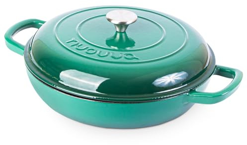 Shallow Cast Iron Casserole with Lid – Non Stick Dutch Oven Pot, Oven Safe up to 500° F – Sturdy Ovenproof Stockpot Cookware – Enamelled Cooking Pot – Dark Green, 3L, 30cm – by Nuovva
