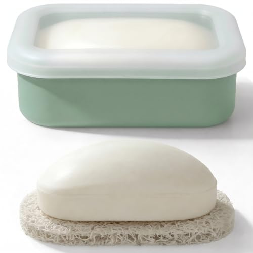AIMAIMAIMAI Compact Leakproof Travel Soap Case, Silicone Travel Soap Bar Container, Portable Soap Box with Drainage Layer for Camping, Gym (Light Green)