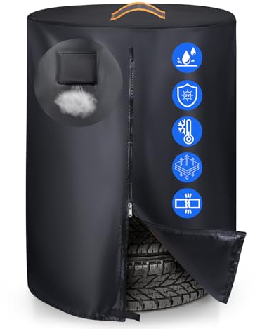 Tyre Cover,GRABADO Heavy Duty 420D Car Tyre Stack Cover, Large Spare Wheel Covers Outdoor,Universal Spare Wheel Covers with Waterproof Zipper,Air Vent and Full Drawstring(Holding 4 Tyres Within 32 In)