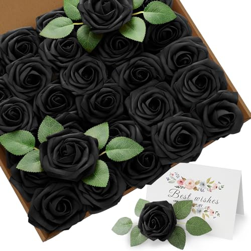 ilauke 30 Rosa Negro Artificial,8cm Cabeza de Flor,Flores Rosas Artificiales para Decoración de Boda,Manualidades,Fiesta,Ceremonia,Ramos de Novia,Decoración Hogar