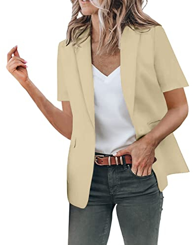 Blazer de verano para mujer de manga corta - blazer negro entallado para mujer elegante de manga corta blazer de color liso con solapas ajustadas de negocios chaqueta de oficina abrigo casual trajes