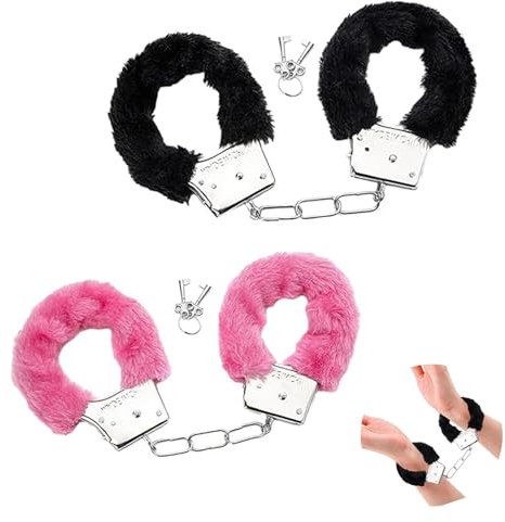 2 Paia Manette in Metallo Peluche con 4 Chiavi Set, Manette Pelose, Accessori Costume Cosplay per Bambini Coppia Feste di Ballo in Abito da Sera Regali di San Valentino (Rosa e Nero)