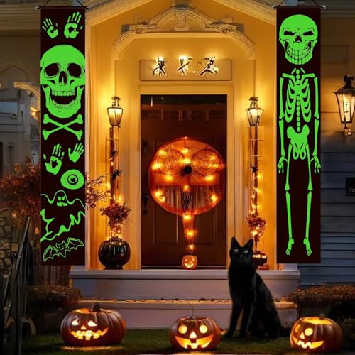 TOKIISHE 2 Stück Halloween Tür Banner Deko, Halloween Leuchtende Totenkopf Party Türdekoration, Happy Halloween Party Banner, Hängendes Veranda Zeichen Haustür für Outdoor Indoor Wand Baum und Garten