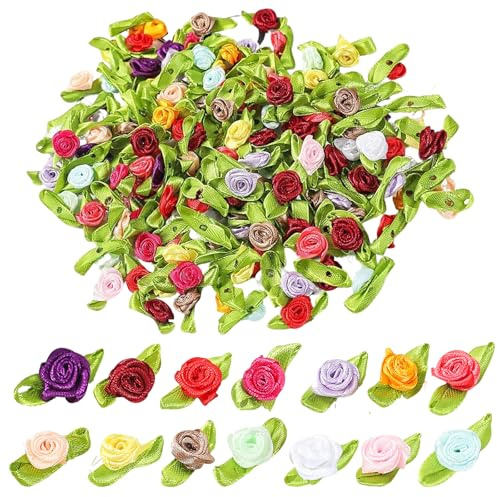 AhhiAbout 100 stycken band rosor rosett – flerfärgade tygblommor med blad – rosetter för bröllopsdekoration