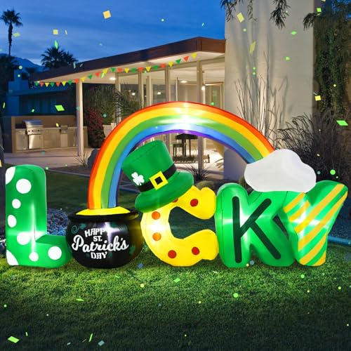 Decoración inflable del día de San Patricio de 7 pies de largo, decoración de patio con tréboles, maceta dorada y arco iris, luces LED integradas, decoraciones navideñas de San Patricio para jardín