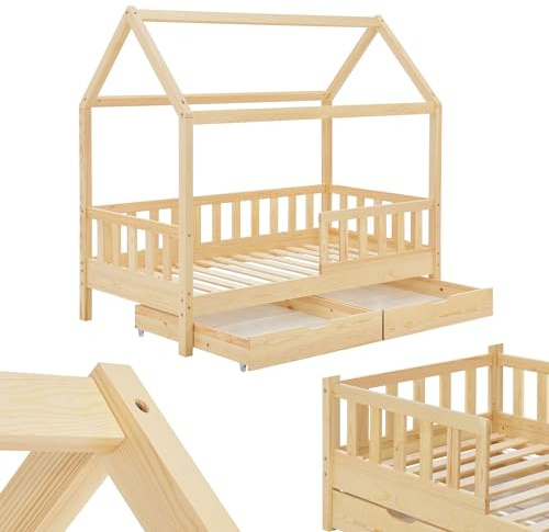 Juskys Lit cabane Enfant Marli 80x160 cm avec 2 tiroirs, Protection antichute, sommier à Lattes, Matelas et Toit, Lit Maison Montessori en Bois Massif, Nature