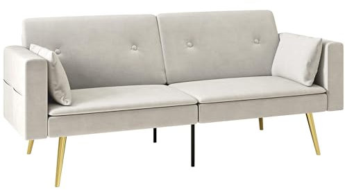 HOMCOM Schlafsofa, Schlafcouch mit Verstellbar Rückenlehne, Seitentasche, Gepolstert 2er-Sofa mit Schlaffunktion, Kissen, für Wohnzimmer, Schlafzimmer, Beige