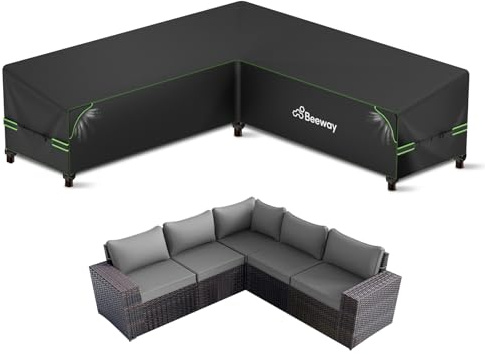 BEEWAY Garden Furniture Cover L Shape with Air Vent, Waterproof Outdoor Patio Rattan Sectional Corner Sofa Cover V Shaped - 420D Oxford Fabric, Windproof - 215/215x87x80/66cm