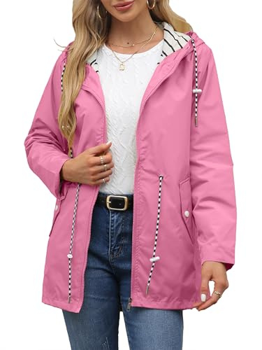 DINGJIUYAN Women's Pink Breathable Waterproof Jacket with Hooded Outdoor Windproof and Waterproof Jacket Sports Climbing Cycling Clothing L